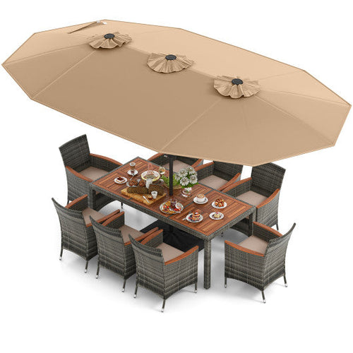 Load image into Gallery viewer, 10 Pieces Patio Wicker Dining Set with 15 Feet Double-Sided Patio Umbrella-Brown
