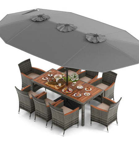 10 Pieces Patio Wicker Dining Set with 15 Feet Double-Sided Patio Umbrella-Gray