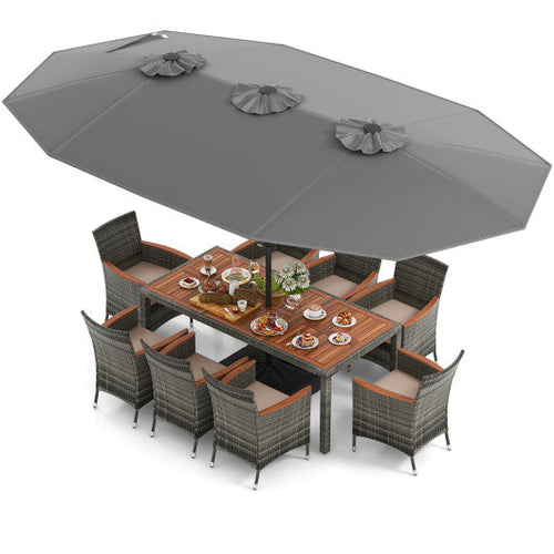 Load image into Gallery viewer, 10 Pieces Patio Wicker Dining Set with 15 Feet Double-Sided Patio Umbrella-Gray
