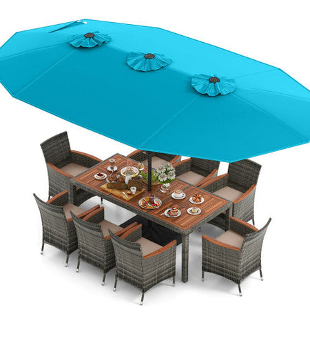 10 Pieces Patio Wicker Dining Set with 15 Feet Double-Sided Patio Umbrella-Turquoise