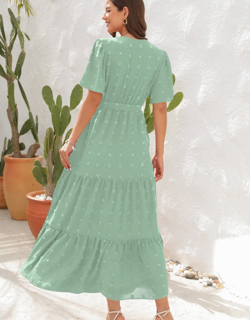 Load image into Gallery viewer, Swiss Dot Tied Surplice Short Sleeve Dress
