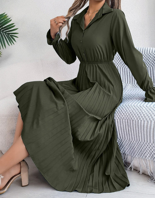 Load image into Gallery viewer, Pleated Half Button Long Sleeve Midi Dress
