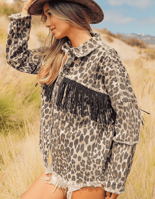 Load image into Gallery viewer, Leopard Fringe Detail Collared Neck Denim Jacket
