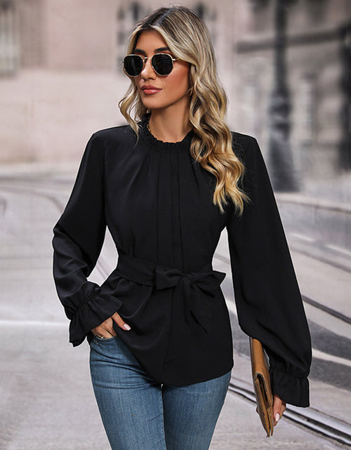 Load image into Gallery viewer, Perfee Round Neck Tie Waist Long Sleeve Blouse
