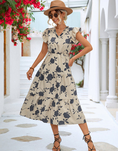 Load image into Gallery viewer, Floral Frill Trim V-Neck Tiered Midi Dress
