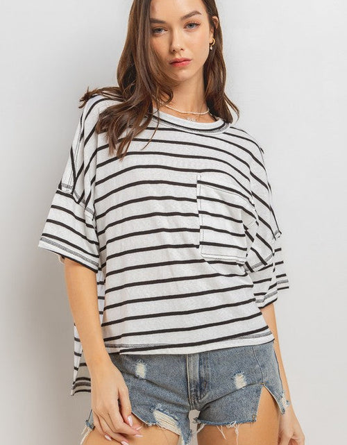 Load image into Gallery viewer, Ces Femme Side Slit Striped Round Neck Half Sleeve T-Shirt
