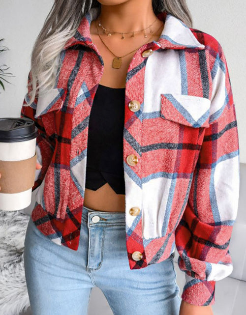 Load image into Gallery viewer, Plaid Collared Neck Drop Shoulder Jacket
