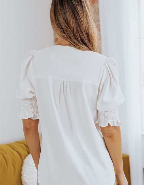 Load image into Gallery viewer, Smocked Flounce Sleeve Notched Neck Blouse
