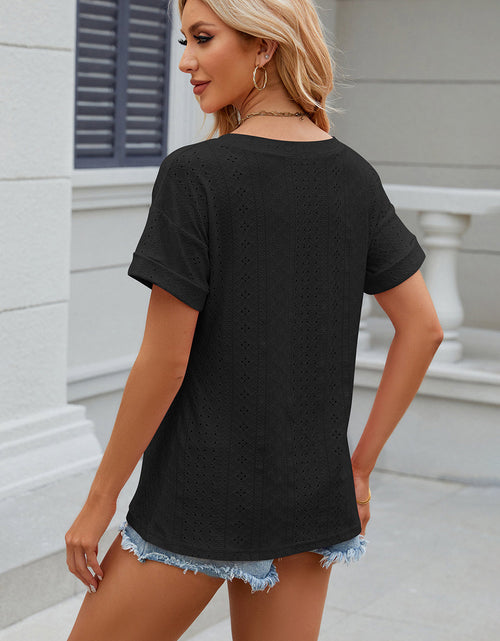 Load image into Gallery viewer, Eyelet V-Neck Short Sleeve T-Shirt
