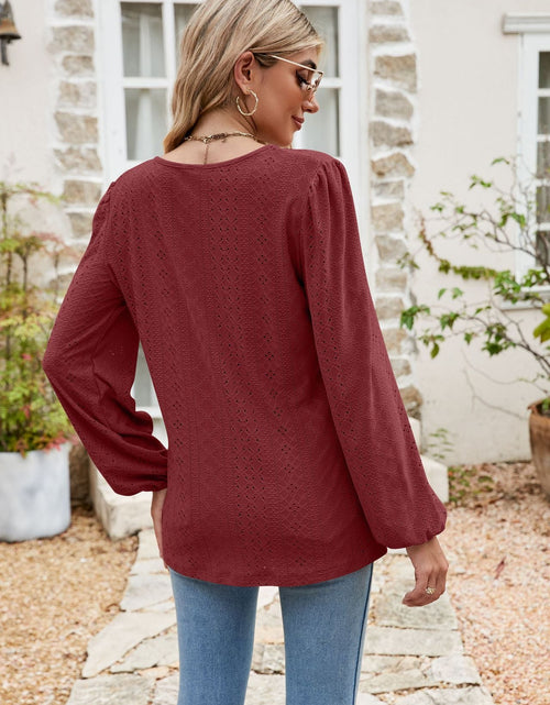Load image into Gallery viewer, Eyelet Notched Neck Balloon Sleeve Blouse

