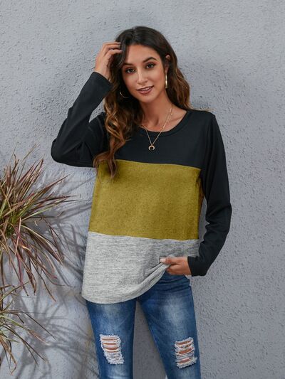 Load image into Gallery viewer, Color Block Round Neck Long Sleeve T-Shirt
