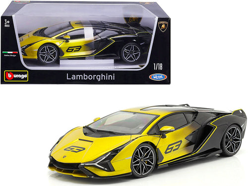 Load image into Gallery viewer, Lamborghini Sian FKP 37 #63 Yellow Metallic and Black 1/18 Diecast Model Car by Bburago
