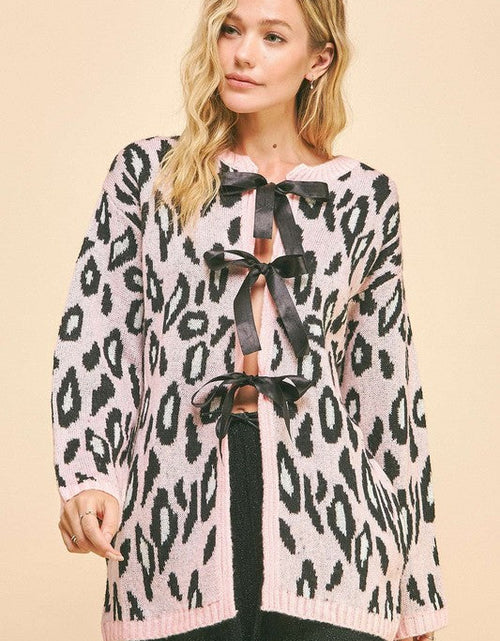Load image into Gallery viewer, Davi &amp; Dani Leopard Ribbon Tie Front Loose Fit Cardigan
