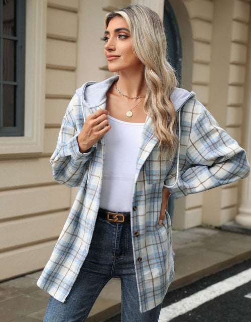 Load image into Gallery viewer, Drawstring Plaid Button Up Hooded Jacket
