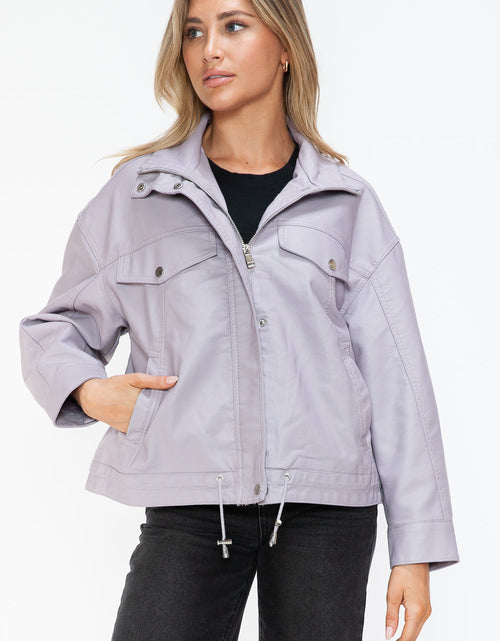 Load image into Gallery viewer, How Dare U Drawstring Hem PU Leather Zip Up Jacket
