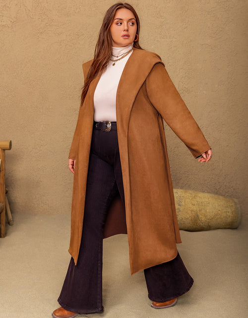 Load image into Gallery viewer, Plus Size Tied Long Sleeve Hooded Coat with Pockets
