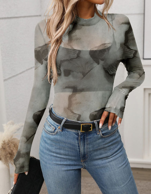 Load image into Gallery viewer, Printed Mock Neck Long Sleeve Mesh T-Shirt
