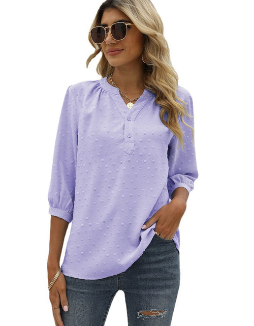 Load image into Gallery viewer, Swiss Dot Notched Neck Three-Quarter Sleeve Blouse
