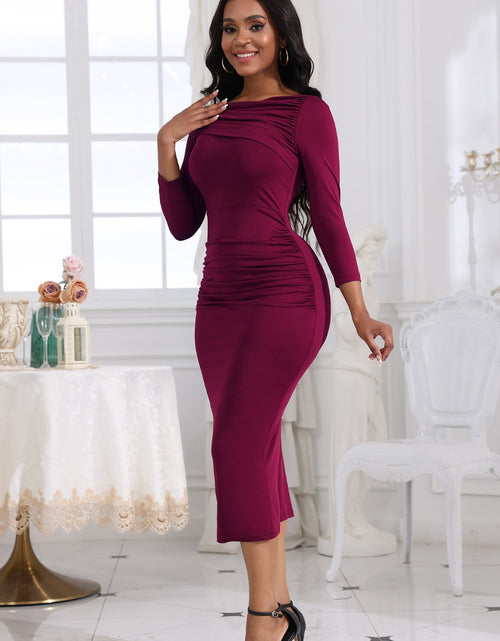 Load image into Gallery viewer, Ruched Boat Neck Midi Dress
