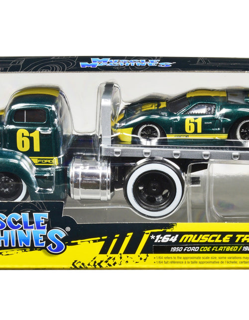 Load image into Gallery viewer, 1950 Ford COE Flatbed Truck #61 and 1966 Ford GT40 MK II #61 Green Metallic with Yellow Stripes "Muscle Transports" Series 1/64 Diecast Model Cars by Muscle Machines
