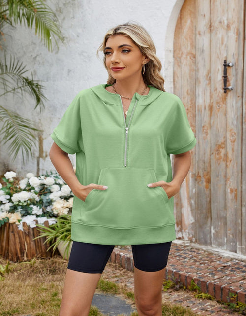 Load image into Gallery viewer, Half Zip Short Sleeve Hooded Top
