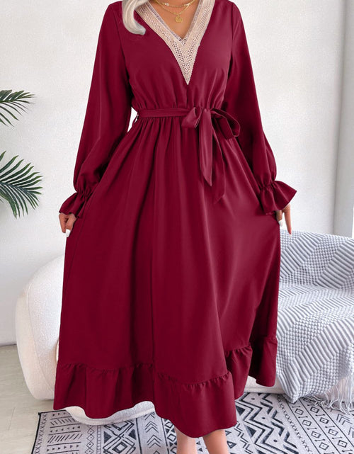 Load image into Gallery viewer, Contrast Belted Flounce Sleeve Dress
