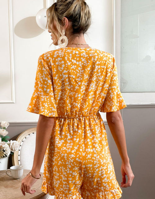Load image into Gallery viewer, Shiny Printed Surplice Neck Ruffled Romper
