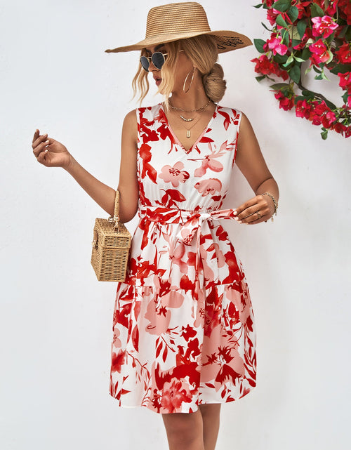 Load image into Gallery viewer, Floral V-Neck Tie Waist Sleeveless Dress
