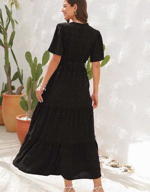 Load image into Gallery viewer, Swiss Dot Tied Surplice Short Sleeve Dress
