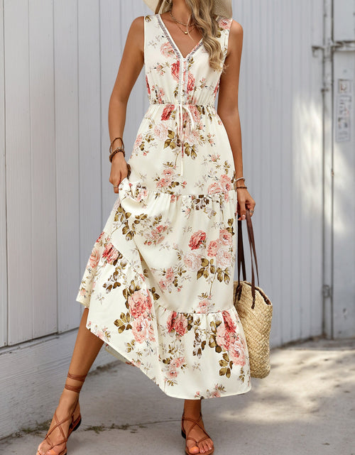 Load image into Gallery viewer, Printed Ruffled Hem V-Neck Sleeveless Dress
