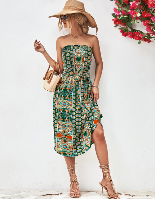 Load image into Gallery viewer, Printed Strapless Tie Belt Dress
