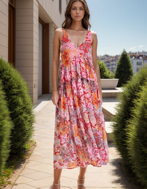 Load image into Gallery viewer, Tiered Printed V-Neck Sleeveless Dress
