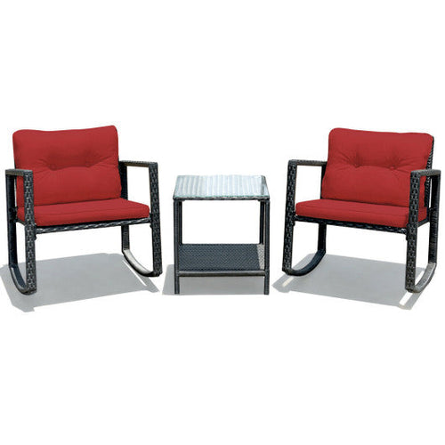 Load image into Gallery viewer, 3 Pcs Wicker Rocking Bistro Set with Glass Coffee Table and Storage Shelf-Red
