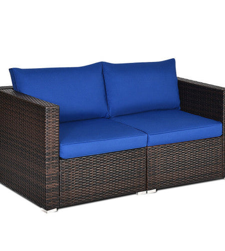 2PCS Patio Rattan Sectional Conversation Sofa Set-Navy