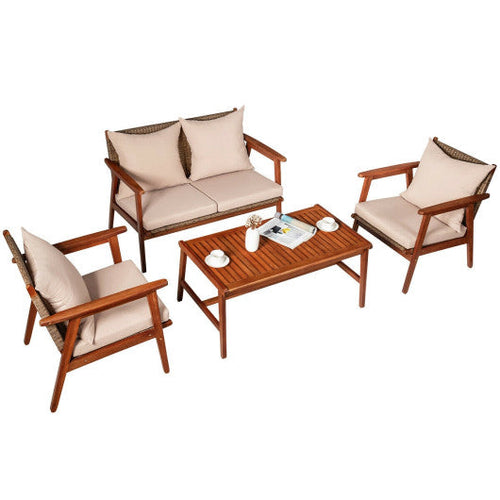 Load image into Gallery viewer, 4 Pieces Acacia Wood Patio Rattan Furniture Set with Zippered Cushions-Brown
