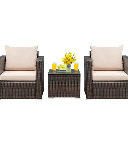 3 Pcs Patio Conversation Rattan Furniture Set with Cushion-Beige
