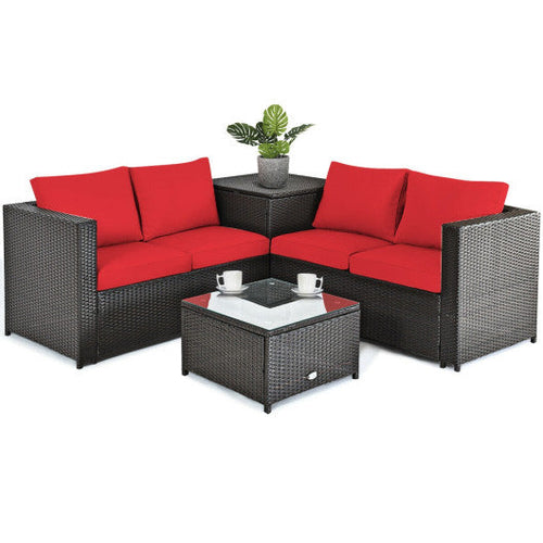 Load image into Gallery viewer, 4 Pieces Outdoor Patio Rattan Furniture Set with Cushioned Loveseat and Storage Box-Red
