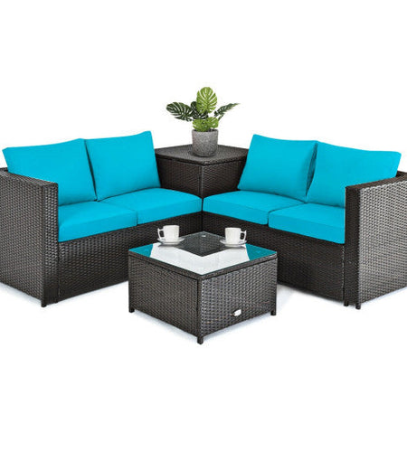 4 Pieces Outdoor Patio Rattan Furniture Set with Cushioned Loveseat and Storage Box-Turquoise