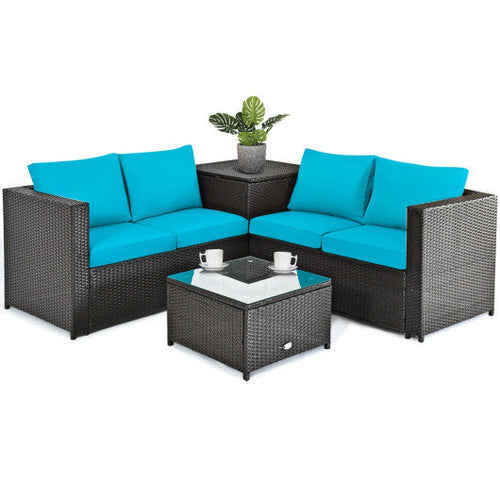 Load image into Gallery viewer, 4 Pieces Outdoor Patio Rattan Furniture Set with Cushioned Loveseat and Storage Box-Turquoise
