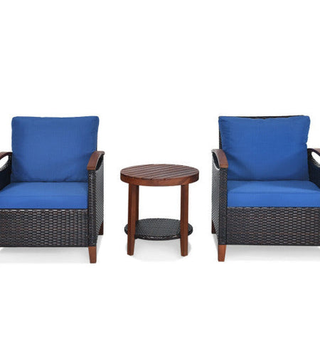 3 Pieces Patio Rattan Furniture Set with Washable Cushion and Acacia Wood Tabletop-Blue