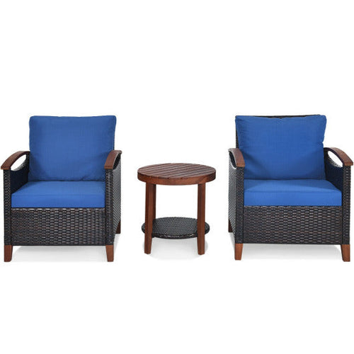 Load image into Gallery viewer, 3 Pieces Patio Rattan Furniture Set with Washable Cushion and Acacia Wood Tabletop-Blue
