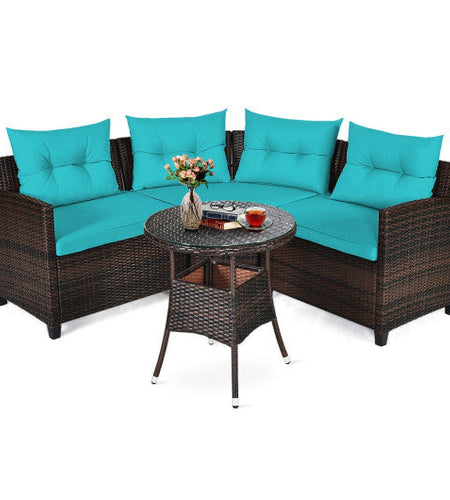 4 Pieces Outdoor Cushioned Rattan Furniture Set-Turquoise