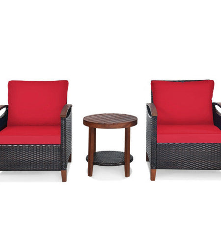 3 Pieces Patio Rattan Furniture Set with Washable Cushion and Acacia Wood Tabletop-Red