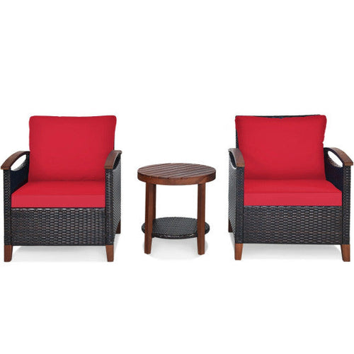 Load image into Gallery viewer, 3 Pieces Patio Rattan Furniture Set with Washable Cushion and Acacia Wood Tabletop-Red
