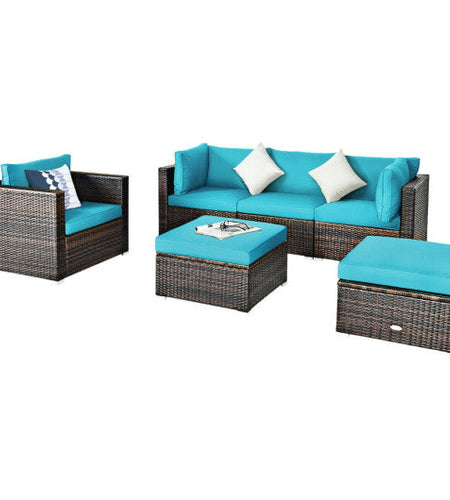6 Pcs Patio Rattan Furniture Set with Sectional Cushion-Turquoise