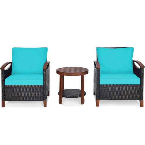 Load image into Gallery viewer, 3 Pieces Patio Rattan Furniture Set with Washable Cushion and Acacia Wood Tabletop-Turquoise
