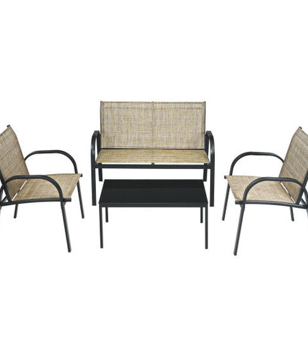 4 Pieces Patio Furniture Set with Glass Top Coffee Table-Brown