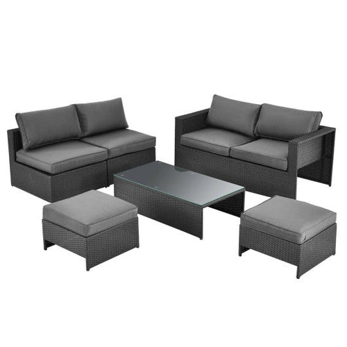 Load image into Gallery viewer, 6 Pieces Patio Rattan Furniture Set with Glass Table and Cushioned Seat-Gray
