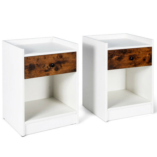 Load image into Gallery viewer, Set of 2 Nightstand with Drawer Cabinet End Side Table Raised Top-White
