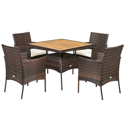 Load image into Gallery viewer, 5 Pieces Patio Rattan Dining Furniture Set with Arm Chair and Wooden Table Top
